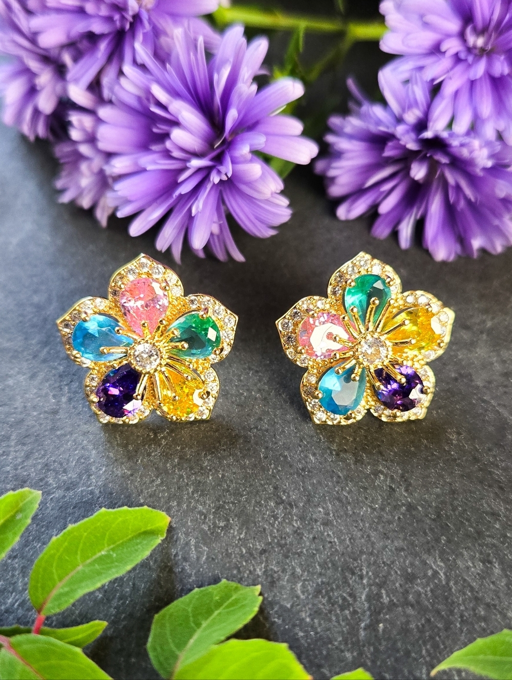 NWT Eye Candy LA Multicolor CZ Flower Statement Studs
